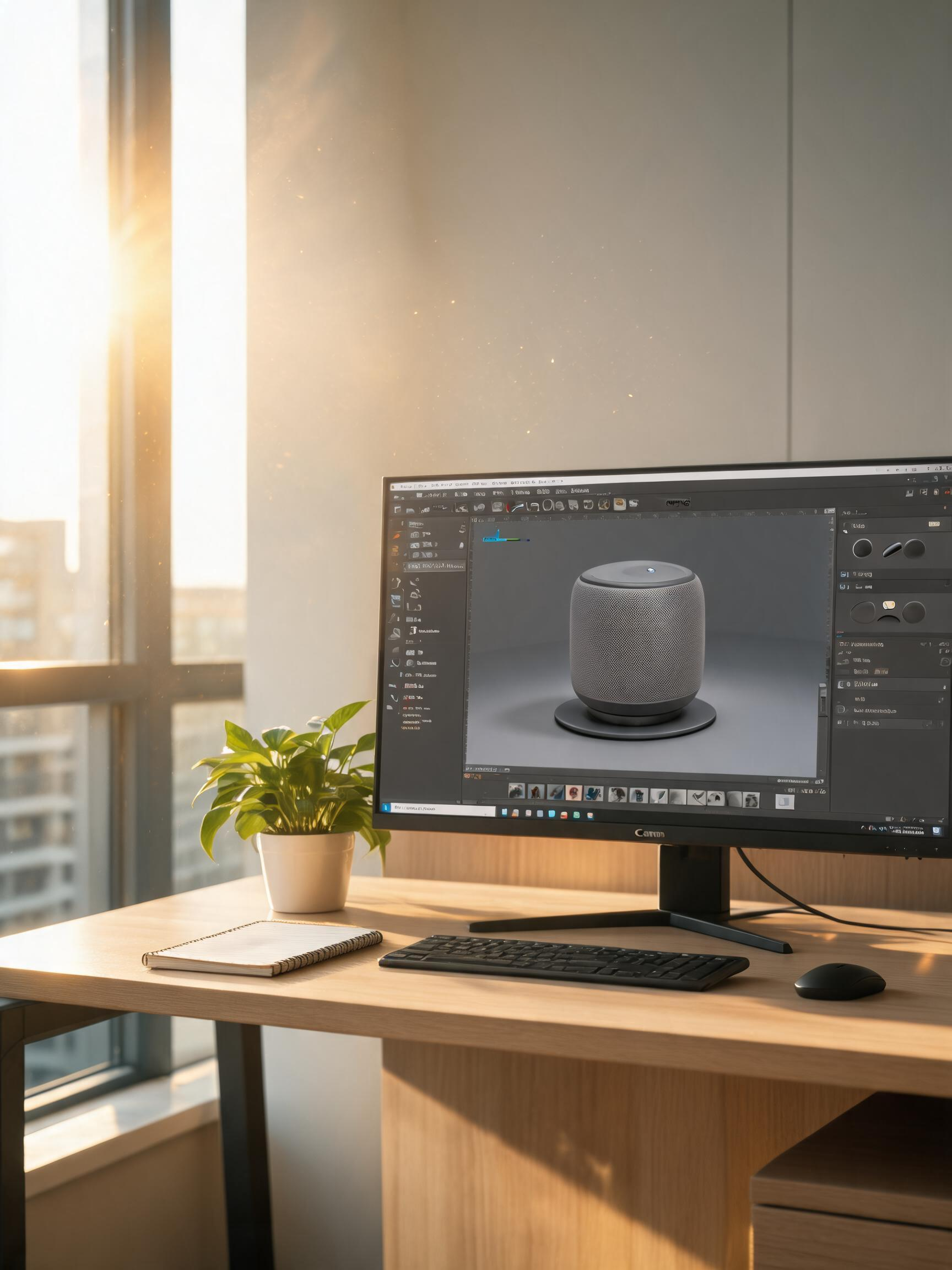 Animator adjusting a 3D model on a computer monitor, showing product wireframe