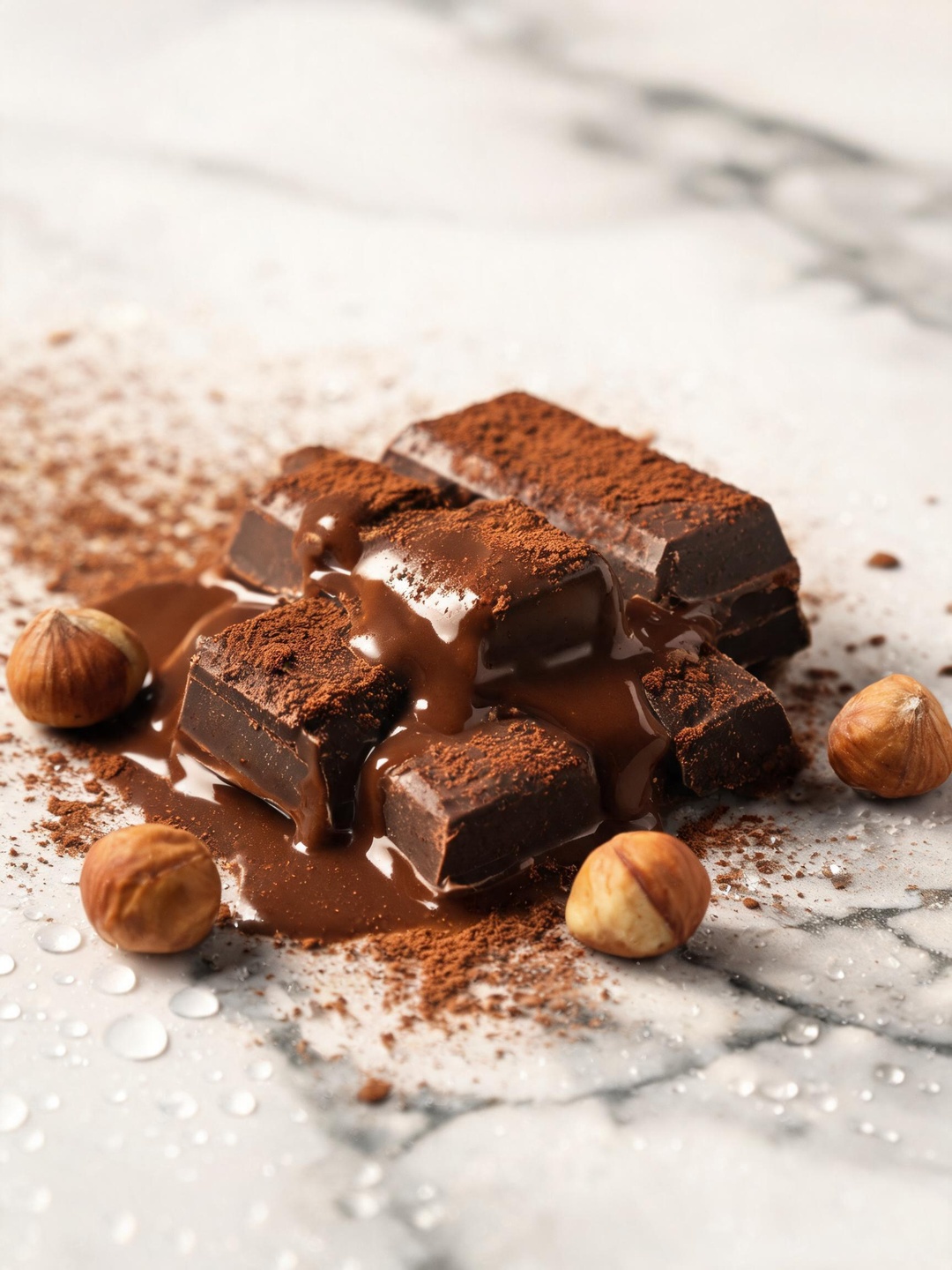Dark chocolate melting close-up, smooth glossy texture with rich cocoa tones