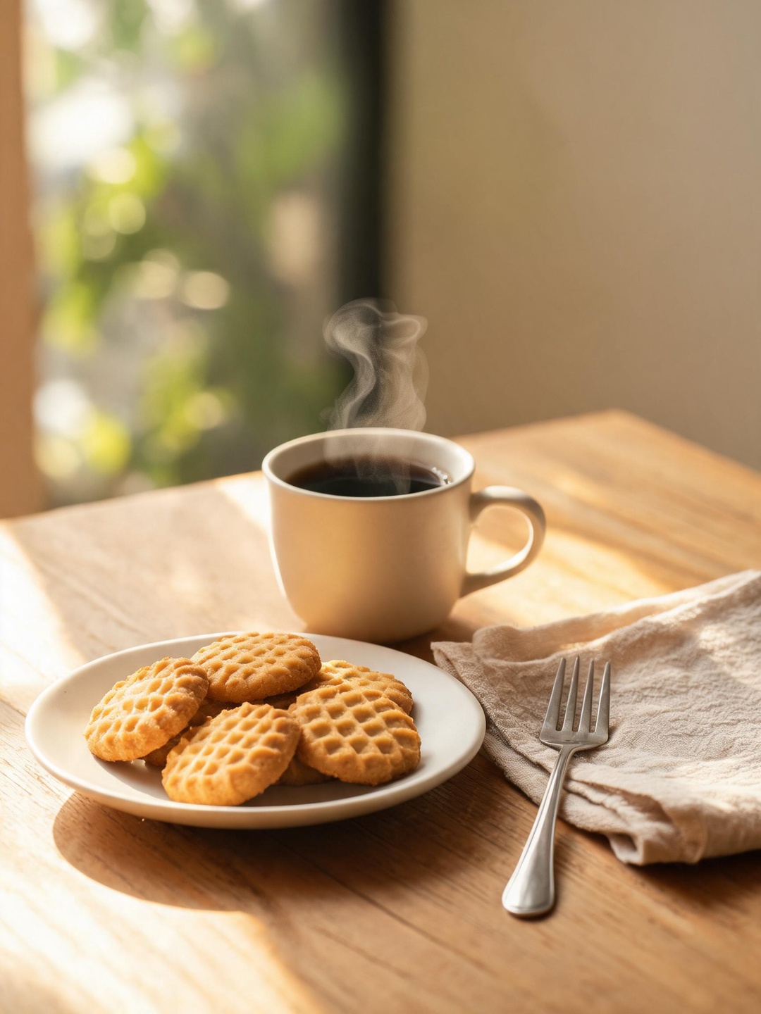Premium cookie gift box with coffee on a dining table, cozy afternoon lifestyle scene