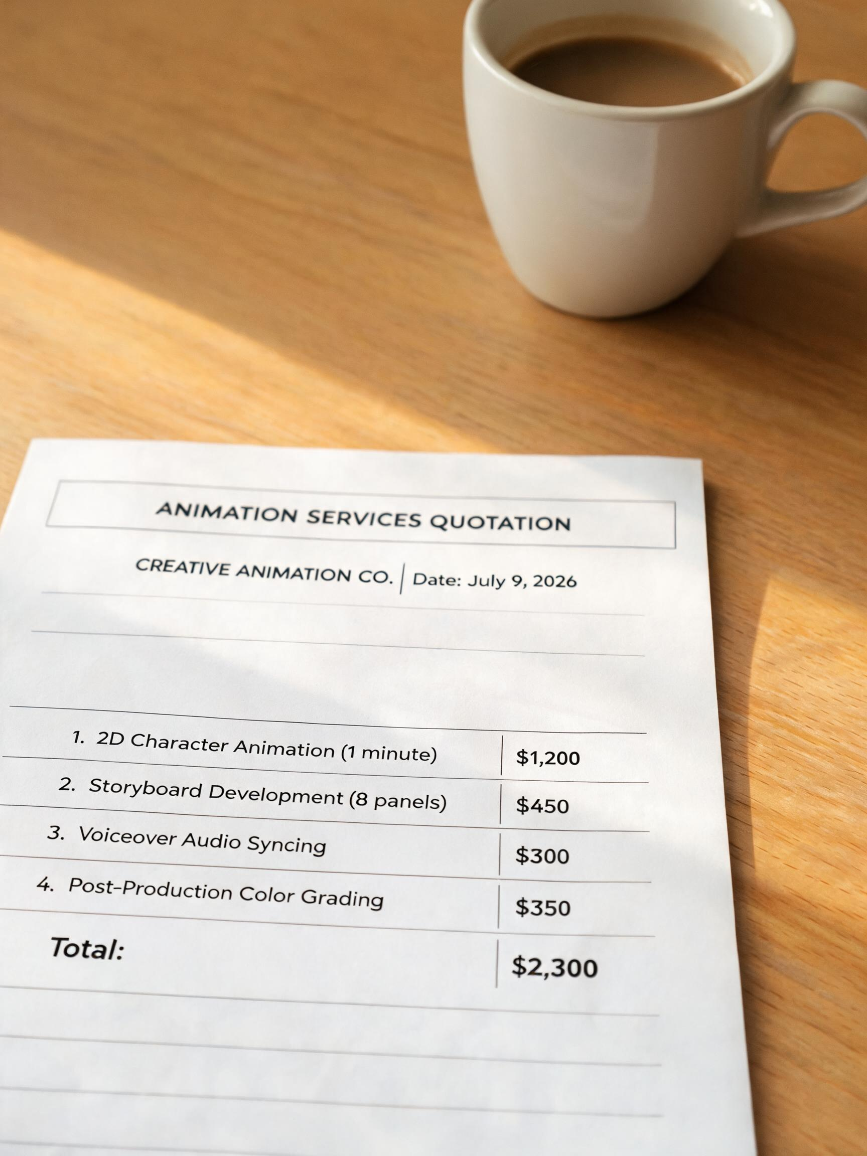 Itemized quotation breakdown listing modeling, animation, rendering, and post-production costs